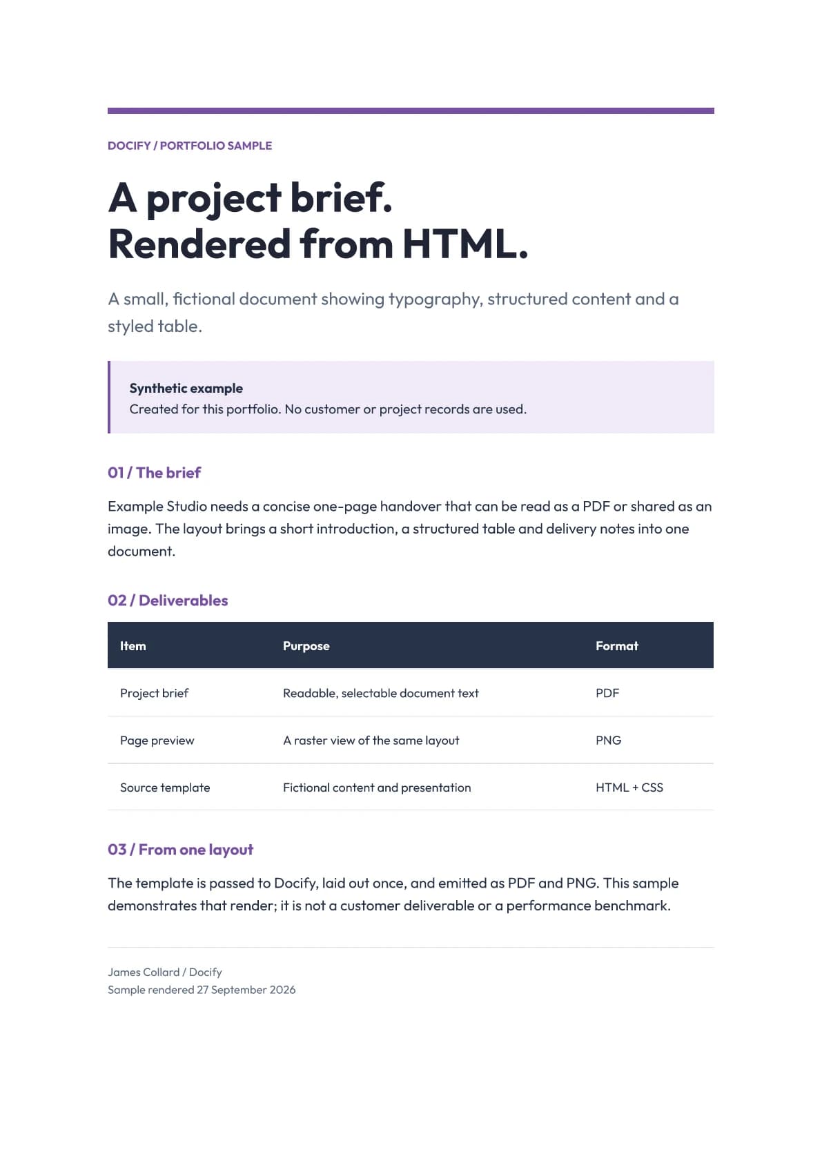 A one-page fictional project brief rendered by Docify, with headings, a styled deliverables table and an explicit synthetic-example notice.