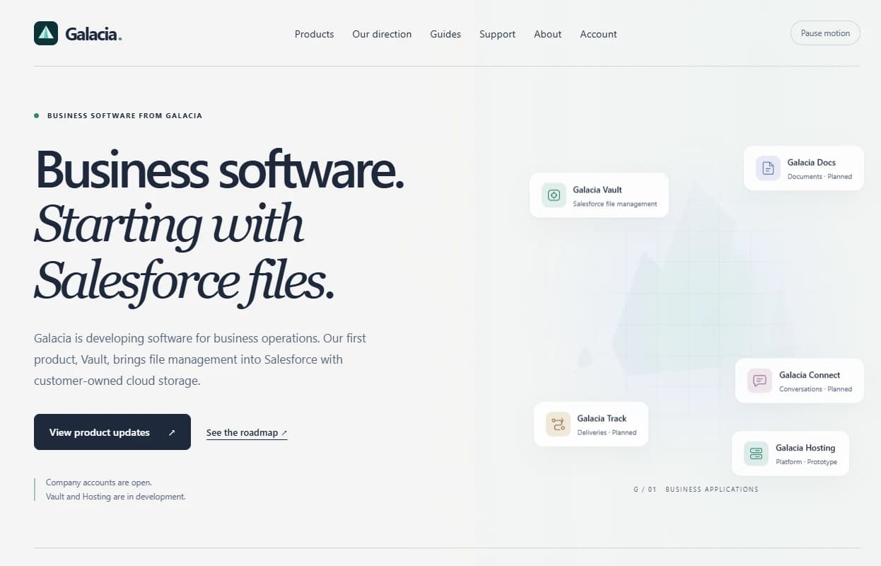 Galacia’s live public homepage introducing Salesforce file storage and showing the development status of its products.