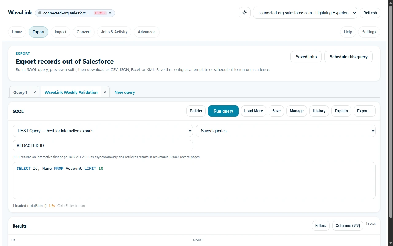 WaveLink Export workspace with a SOQL query, export controls and redacted connection details.